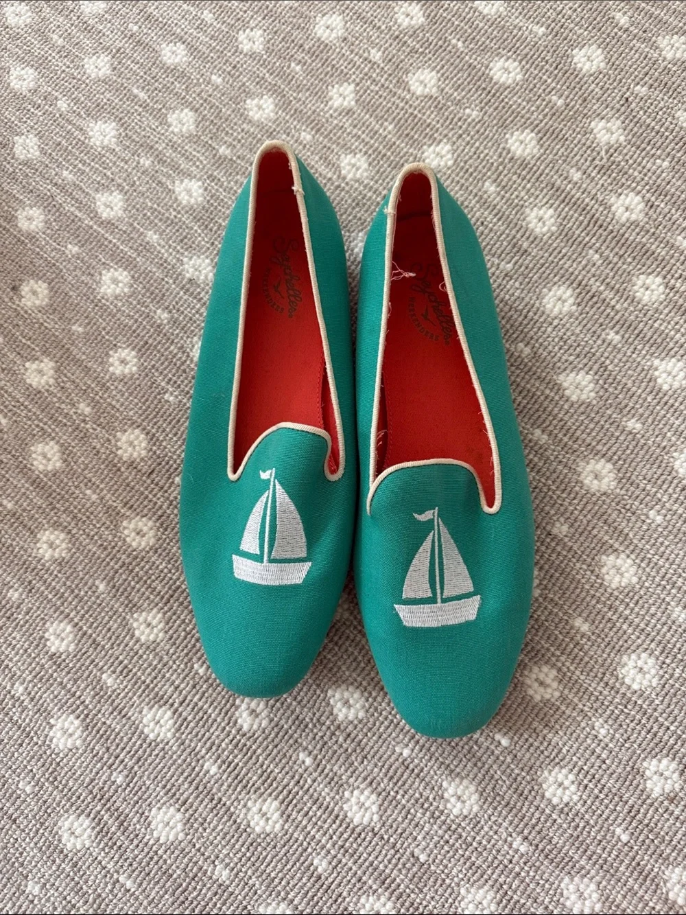 Seychelles Teal Slip-On Flats with White Sailboat Embroidery